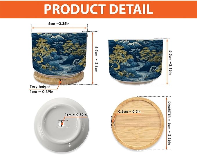 3 Piece Blue Indigo and Gold Asian Scenery Small Ceramics Planters Chinoiserie Chic Asian Succulents Pots with Drainage Bamboo Trays Navy Blue Mountain Ceramics Pots for Plants