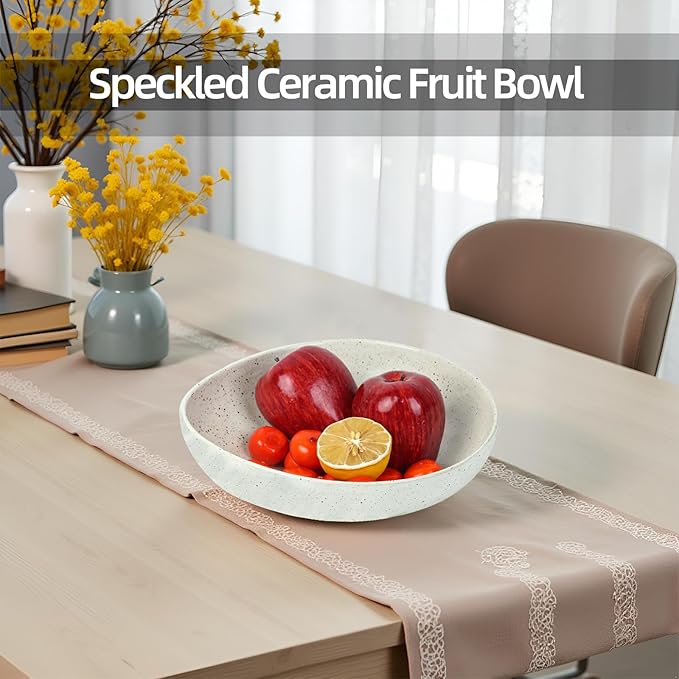 White Speckled Ceramic Decorative Bowl, Textured Stoneware Fruit & Salad Bowl, One-of-a-Kind Handmade Artisan Glaze for Entryway or Kitchen Counter Décor