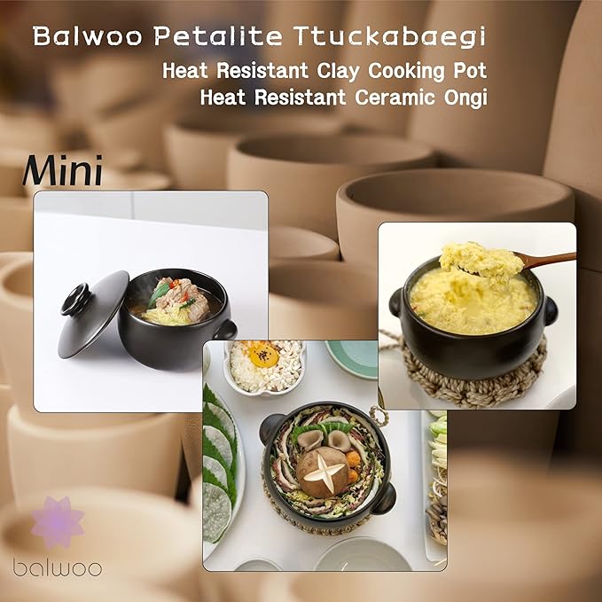 Korean Earthenware Pot Ttukbaegi, Ceramic Clay Cooking Pot Petalite Casserole, Heat Resistant Ceramic Pot, Zero-Crack Stone Bowl Stockpot Soup Cookware (Mini)