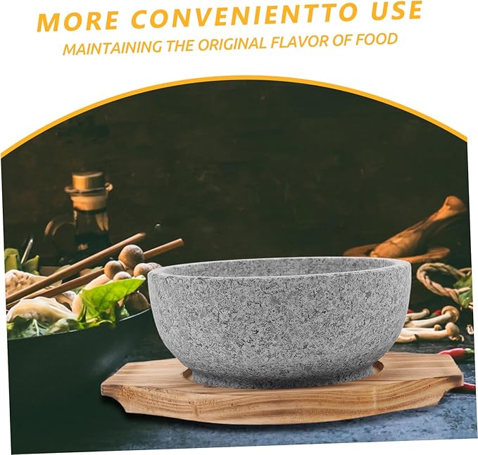 ABOOFAN Bibimbap Bowl Korean Stone Pot Large Bowl Multi-function Serving Portable Rice Natural Stone Carbonized Wood Pad
