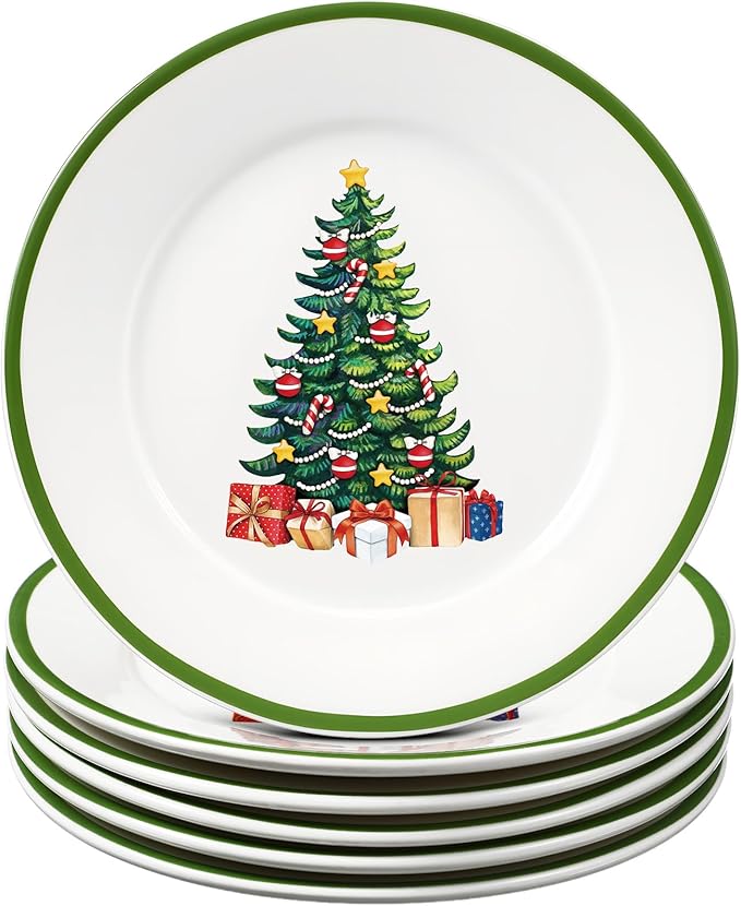 Honeydak 6 Pcs 6 Inch Christmas Plates Ceramic Xmas Tree Decorations Porcelain Plate Green Appetizer Salad Dessert Dinner Dishes for Holiday Party Tableware Supplies Table Decoration