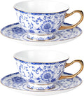 KAMMAK Tea Cups and Saucers Set of 2, Fine Bone China Coffee Cups, Stackable Espresso Mugs, Ceramic Demitasse for Coffee, Cappuccino, Latte, Americano, Tea, Enamel - Blue