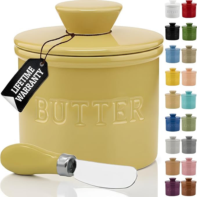 PriorityChef Butter Crock with Lid with Water Line, Ceramic French Butter Dish to Leave On Counter, Khaki