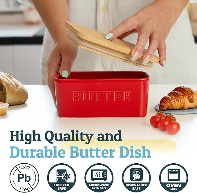 PriorityChef Extra Large Butter Dish with Lid for Countertop, Ceramic Butter Container With Airtight Cover, Butter Keeper for Counter or Fridge, Butter Holder Storage, Red