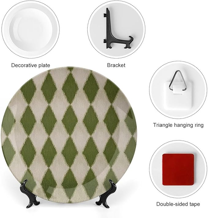 Custom Gifts Ceramic Decorative Plate, Geometric Ikat in Forest Green Wall Hanging Decorative Plate Wedding Unique Art with Stand, Country Decor for Kitchen Housewarming Gifts Wall, 6", 7", 8", 10"