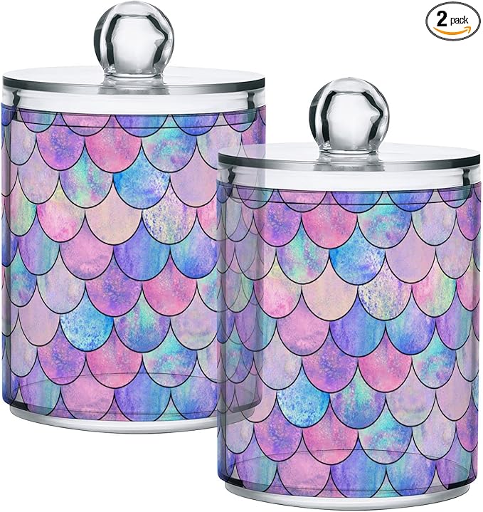 MNSRUU 2 Pack Qtip Holder Organizer Dispenser Colorful Mermaid Scales Bathroom Storage Canister Cotton Ball Holder Bathroom Containers for Cotton Swabs/Pads/Floss