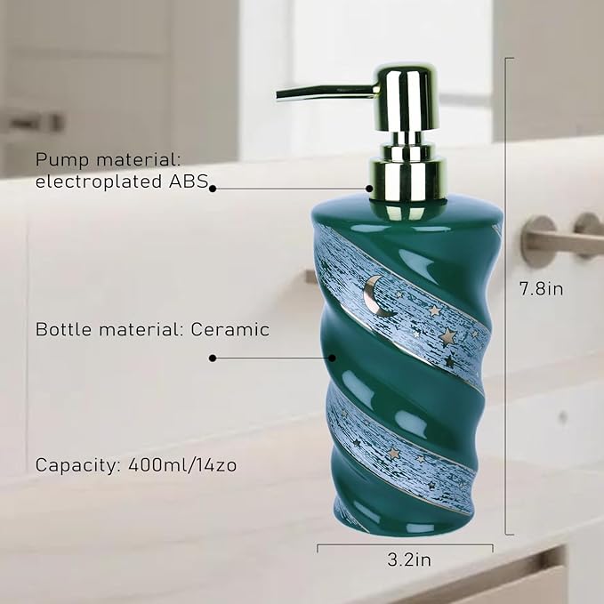 Bathroom Soap Dispenser, Large Capacity Ceramic Dispenser with Spiral Galaxy Design - Refillable Press Pump Bottle for Bathroom & Kitchen (14oz, Green)
