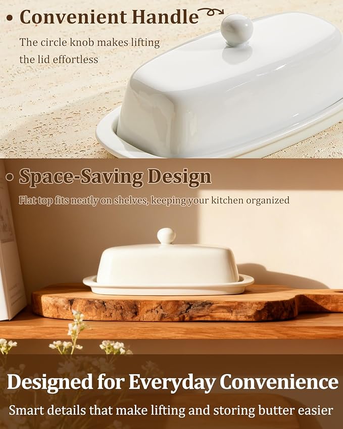 Yedio Porcelain Butter Dish with Lid and Knife for Countertop Refrigerator，White Ceramic Covered Butter Holder with Handle for East West Coast Butter Stick, Dishwasher Safe