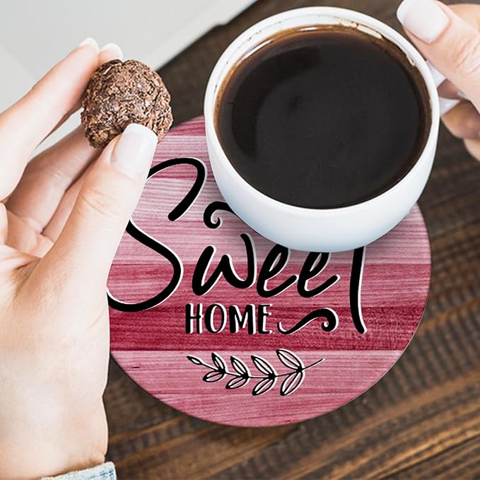 Housewarming Gifts for New Home Ceramic Coasters with Holder Set of 6, Inspirational Home Sweet Home Absorbent Drink Cup Mat for Coffee Table Protection, 4'' Farmhouse Family Kitchen Decor