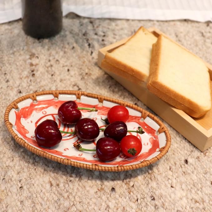 Rattan Ceramic Tray, Oval Fruit/Bread/Cookie/Jewelry Small Storage Porcelain Serving Plate, Vintage Decorative Display Plate for Coffee Table Home Decor Wedding Party Gift (Red Fish)