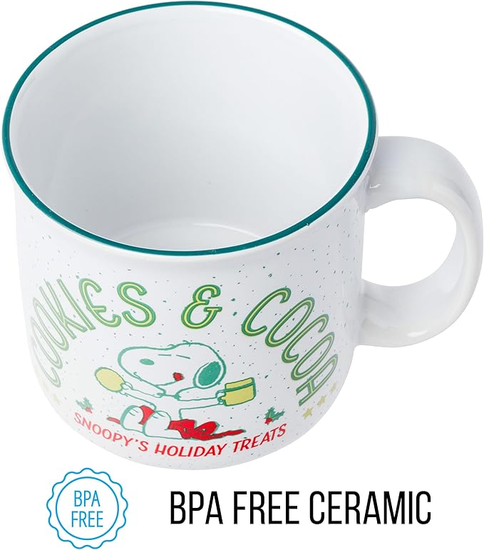 Silver Buffalo Peanuts Christmas Snoopy Cookies And Cocoa Snoopy's Holiday Treats Ceramic Camper Mug, 20 ounces