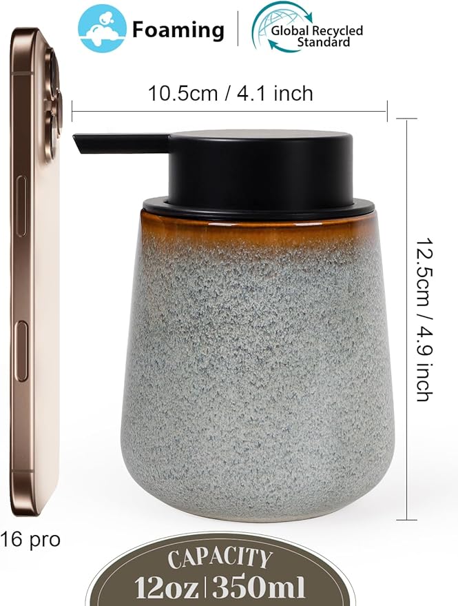 INGOFIN Ceramic Foaming Soap Dispenser -12oz Foam Hand Soap Dispenser Bathroom, Modern Refillable Dish Wash Soap Bottle for Kitchen with Large Pump,Kiln-Glazed