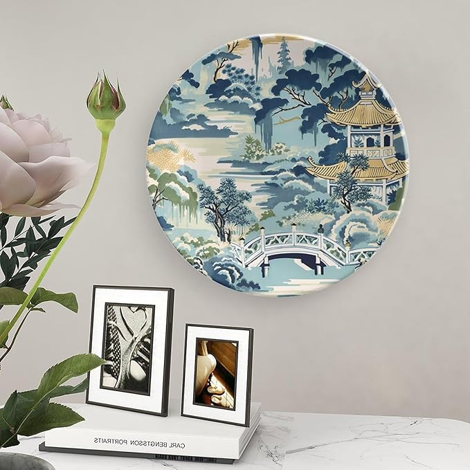 Blue And White Chinoiserie Pagoda Ming Toile Asian Decorative Plate, Custom Hand-Painted Ceramic Decorative Plates for Display Club Decor, with Vertical Stand Art Decor for Festival Home