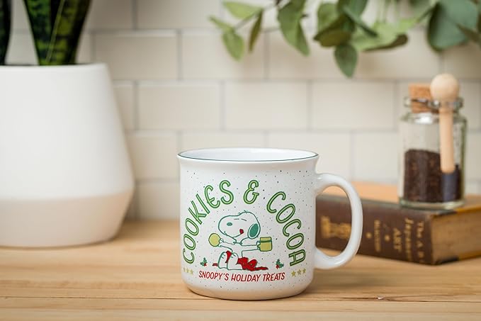 Silver Buffalo Peanuts Christmas Snoopy Cookies And Cocoa Snoopy's Holiday Treats Ceramic Camper Mug, 20 ounces