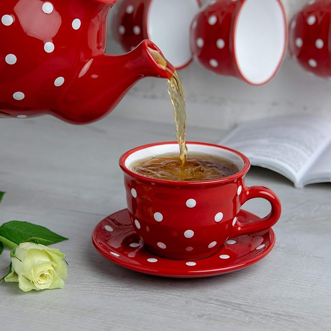 City to Cottage Handmade Red and White Polka Dot Large Ceramic 12oz/350ml Cappuccino Coffee Tea Cup and Saucer, Unique Designer Pottery Gift for Tea Lovers