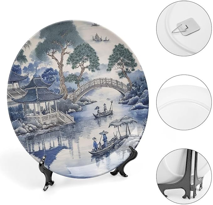 Asian Scenic in Blue And Kelly Green Chinoiserie Ceramic Decorative Plate of 6", 7", 9", 10", Personalized Ceramic Display Plate, Wall Housewarming Gifts Decorations Wedding, with Vertical Stand