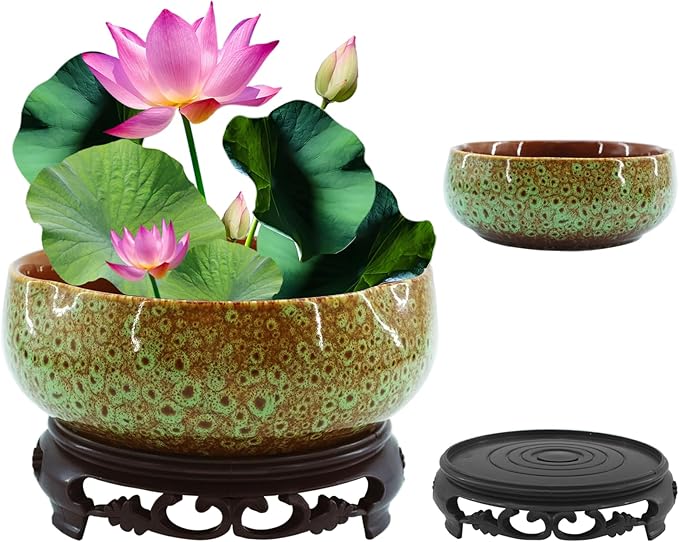 Lotus Bowl Planter，Decorative Ceramic Bowl Lotus for Water Plants with Black Stand, Green and Brown Glazed Finish