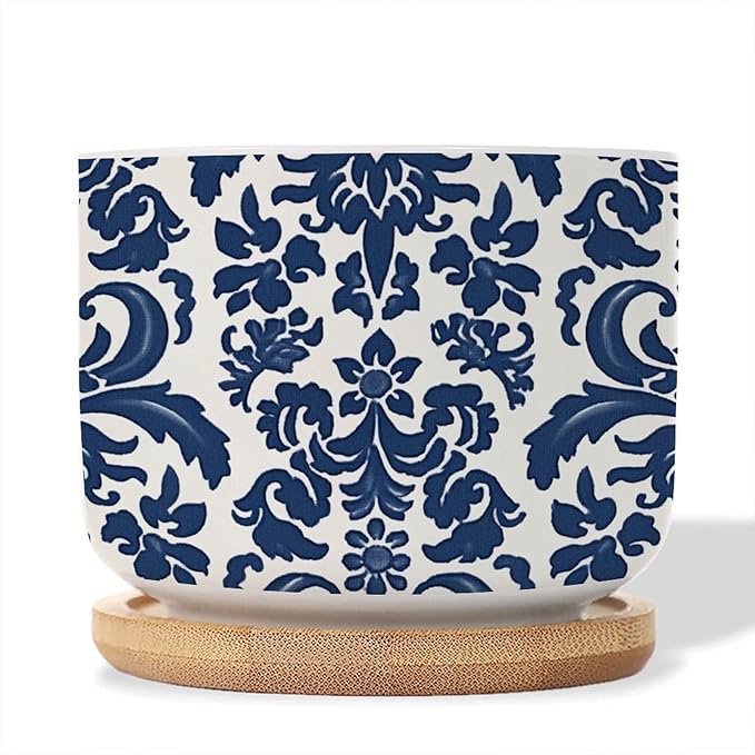 Blue Regalia Lion Ceramics Plant Pot Set of 5 Indigo Blue Flower Lion Asian Succulents Plants Live with Pot with Drainage Bamboo Trays Oriental Toile Chinoiserie Small Ceramics Planter