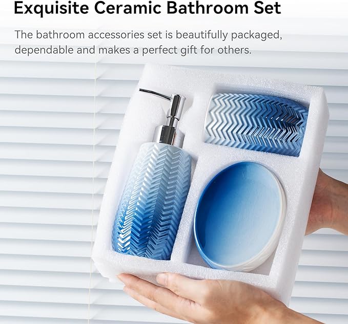 Blue Bathroom Accessories Set, 3Pcs Ceramic Bathroom Accessory Set Complete/Lotion Soap Dispenser, Toothbrush Holder, Soap Dish, Silver Bathroom Decor Sets, Gift for Home Apartment