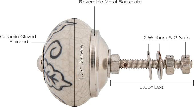 Mela Artisans 12-Pack Ceramic Kitchen Cabinet Knobs - Grey & White Leaf | Decorative Pull Handles for Dresser Drawers | Reversible Metal Backplate | 1.77” Diameter
