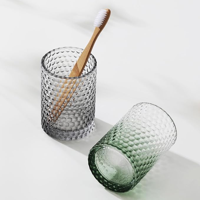 Bathroom Accessories Set, 4Pcs Clear Glass Bathroom Set, Hand Soap Dispenser, Toothbrush Holders, Tumbler, Bar Soap Dish for Modern Bath Decor Organizers and Storage Countertop Sink (Green)