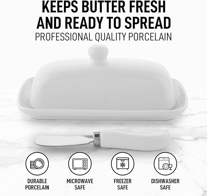 Zulay Kitchen Ceramic Butter Dish with Lid For Countertop & Stainless Steel Knife – Keeps Butter Soft & Fresh – White Butter Dish with Easy-Grip Knob, Durable & Everyday Butter Holder for Home - White