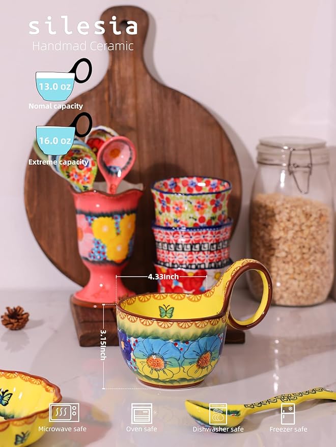 silesia Handmade Loop Handle Soup Bowl, Plate and Spoon Set Ceramic Hand Painted Cereal Bowl Great for Soup, Ice cream, Snack, Stew in Gift Box, Dishwasher & Microwave Safe, Glazed Yellow