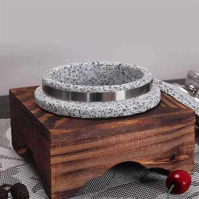 Korean Granite Stone Bowl with Lid,Heavy-Duty Granite Stone Bowl with Wood Base, Rice Cooker,Ceramic Pot Casserole,Clay Pot for Korean Cuisine Stone Diameter 14cm
