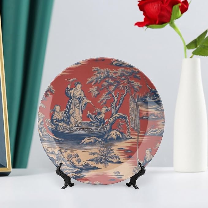 Cheng Toile Dynasty Red Chinoiserie Decorative Plate for Display Festival Table Supplies Wedding Farmhouse Holiday Party Decorations Customize Gifts for Men Women Wedding, 6", 7", 9", 10"