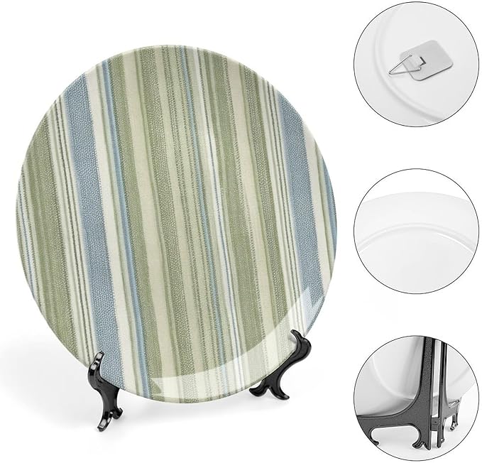 Christmas Plates Ceramic for Display Spring Sage Green Stripes Housewarming Gifts Art Decoration Supplies Wall Art Hanging Plate with Display Stand Personalized Gifts for Men Women, 6", 7", 8", 10"