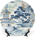 Blue And White Chinoiserie Pagoda Ming Toile Asian Decorative Plate, Custom Hand-Painted Ceramic Decorative Plates for Wedding Club Decor, Unique Art with Stand Art Decor for Wall Household
