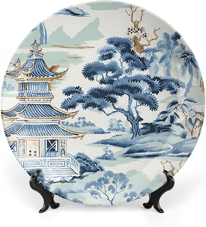 Blue And White Chinoiserie Pagoda Ming Toile Asian Decorative Plate, Custom Hand-Painted Ceramic Decorative Plates for Wedding Club Decor, Unique Art with Stand Art Decor for Wall Household