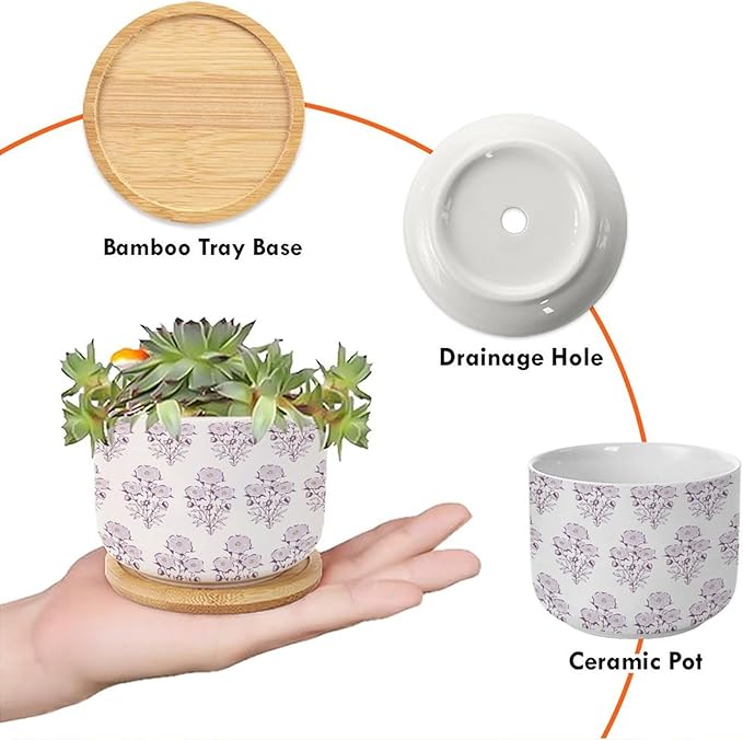 Set of 1 Watercolor Chinoiserie Floral Small Ceramics Pots for Plants Light Purple Flower Ceramics Plant Pot with Drainage and Bamboo Tray Chinoiserie Style Cactus Planter for Indoor