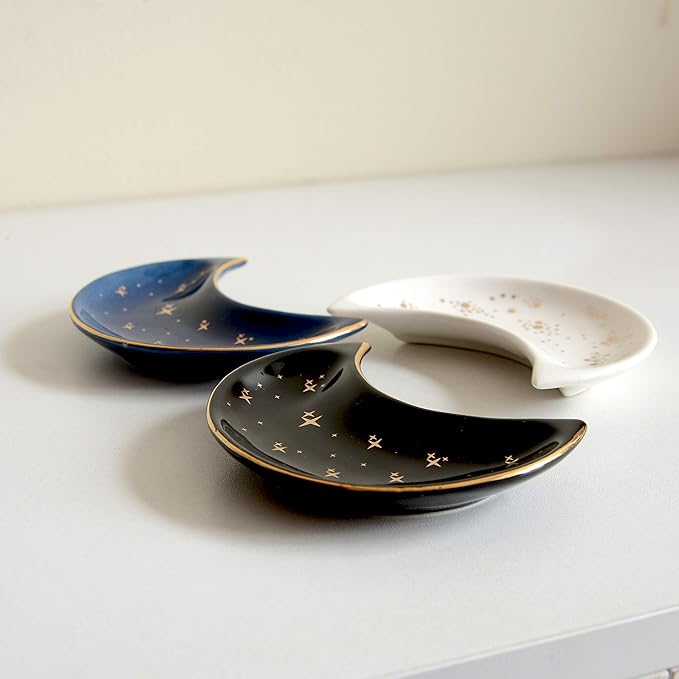 Small Moon Jewelry Dish Tray, Decorative Ceramic Trinket Dish, Modern Accent Tray for Vanity, White