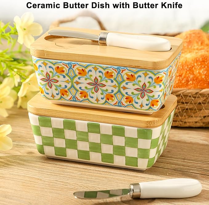 Butter Dish with Lid and Knife – 350ml Ceramic Butter Container with Bamboo Lid, Floral Cottage-Style Pattern, Airtight Butter Keeper for Countertop or Fridge, Farmhouse Kitchen Decor (Print-3)