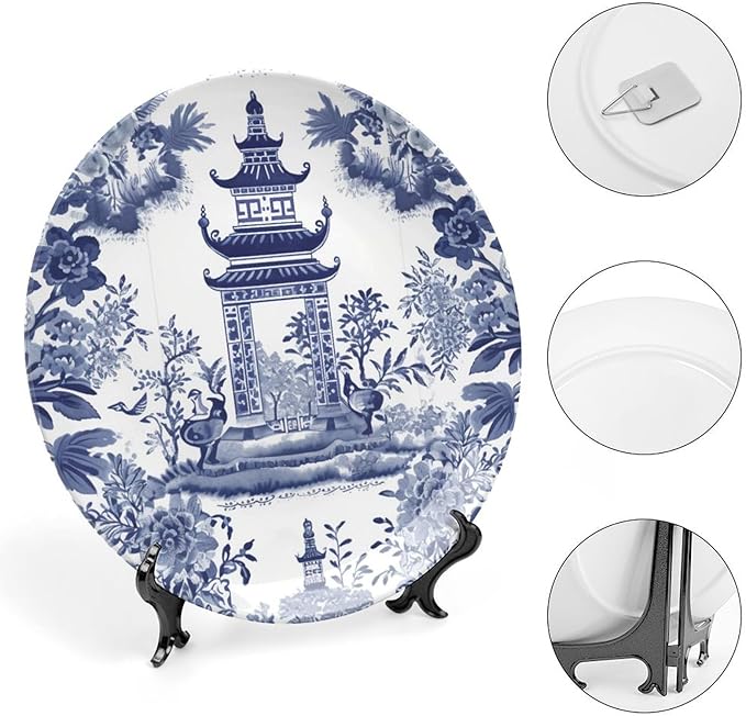 China Plates Chinoiserie Blue Asian Pagoda Customize Decor for Wedding Table Housewarming Gifts Display Wall Hanging Decorative Plate with Display Stand And Hook Up, Multi Sizes, Gifts for Men Women
