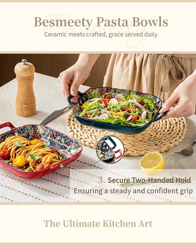 Besmeety Square Pasta Bowls with Handle, Boho Salad Serving Bowls Set of 2, Ceramic 7.09" Pasta Plates for Housewarming Present, Party (Green+Red)