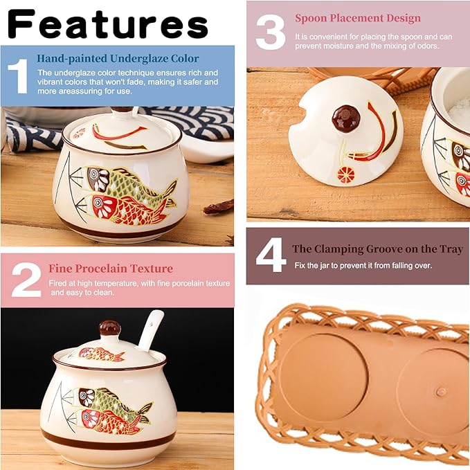 Kitchen Ceramic Condiment Jars with Lids and Spoons, 3 Piece Porcelain Seasoning Jar Set for Salt Spice Pepper Suger Bowl, Coffee Tea Container Pot with Serving Tray - Japanese Koinobori