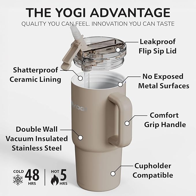 YOGI Ceramic Lined Metal Allergy Safe 24oz Tumbler with Handle and Straw Leakproof Flip & Sip Lid Vacuum Insulated Stainless Steel Travel Cup for Iced Coffee Water and All-Day Hydration 24oz Driftwood
