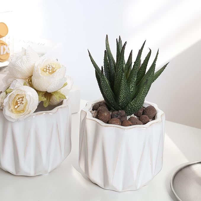 Plant Pot 4 Inch Ceramic Pots, Set of 2 Flower Pots Crackle Glaze Small Planters Pots with Drainage Hole and Mesh Pads for Indoor Outdoor Garden Pots Succulent, Cactus, Herbs (White)