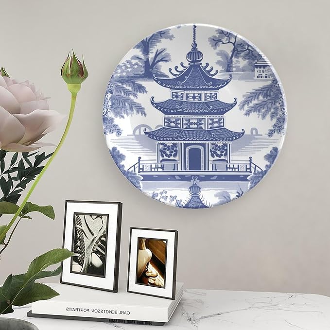Chinoiserie Blue Asian Pagoda China Plates for Display Home Art Decoration Supplies Wedding Table Holiday Party Decorations Customize Gifts for Men Women Halloween, 6", 7", 9", 10"