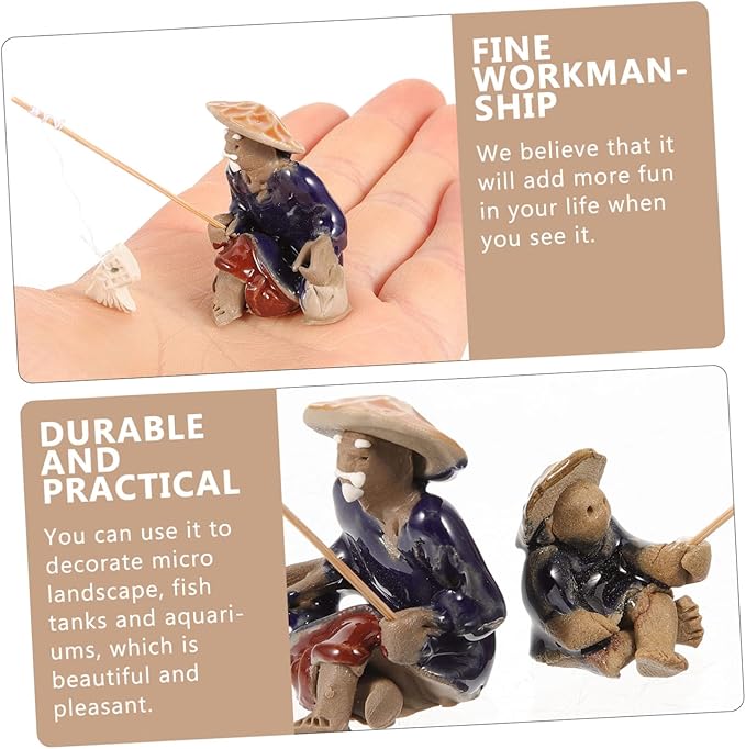 Angoily 3Pcs Miniature Fisherman Figurines Ceramic Statue for Aquariums Lovely Bonsai Landscape Decor Asian Fisherman Sculpture for Micro Landscapes and Fish Tanks