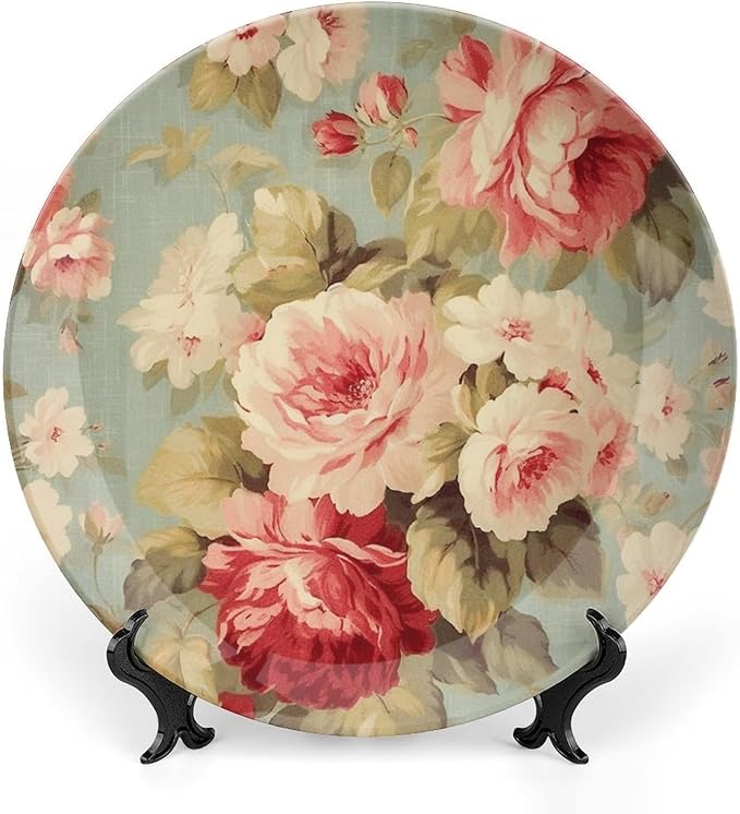 Ceramic Decorative Plate Pink Cabbage Roses Romantic Aqua Personalized Decor for Office Wall Art Decoration Ceramic Hanging Decorative Plate Including Bracket And Special Hook, Gifts