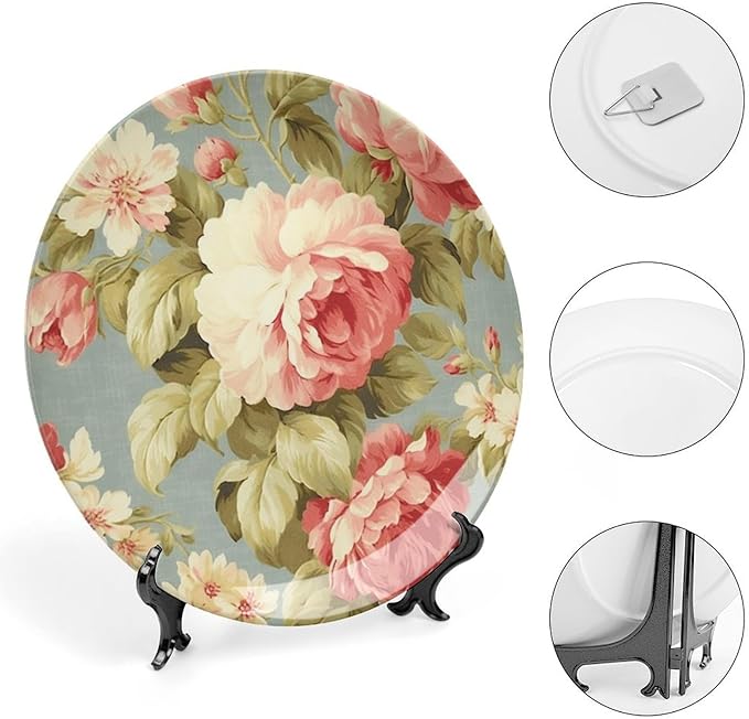 Pink Cabbage Roses Romantic Aqua Decorative Plate for Display Festival Display Supplies Table Club Holiday Party Decorations Custom Gifts for Men Women Birthday, 6", 7", 9", 10"