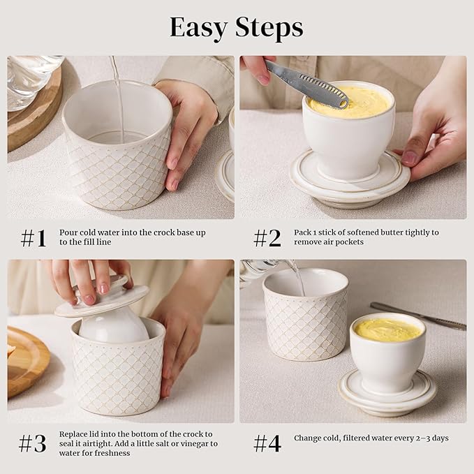 DOWAN French Butter Crock for Counter with Water, Ceramic Butter Dish with Lid for Countertop, Butter Holder for Soft Spreadable Butter, Butter Keepers to Leave on Counter, Embossing, Off-white