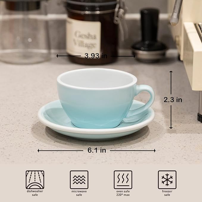 Loveramics Cappuccino Cup with Saucer, 8 oz Ceramic Coffee cup with Round Bottom for Cappuccino, Latte, Tea, Espresso, Thick-walled Stoneware Cup Set for Barista - Regular Colours (River Blue, 8OZ)