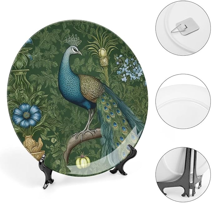 Aqua And Green Chinoiserie Fashion Plates of 6", 7", 9", 10", Personalized Peacock Handmade Decorative Plate, Table Art Decoration Decorations Wedding, with Display Stand And Hook Up