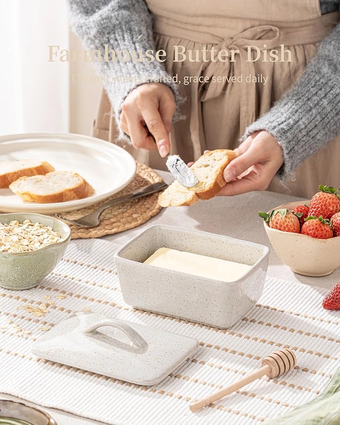 Besmeety Ceramic Butter Dish with Lid for Countertop, European 250g Butter Keeper, Vintage Farmhouse Decor (Gray)