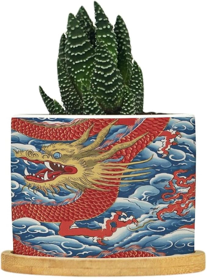 Dragon Chinoiserie Planters Ceramic Asian Inspired Round Plant Pot with Drainage Holes and Bamboo Tray Pot for Outdoor Garden Home Plant