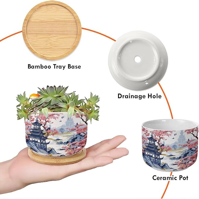 3 Piece Blue Asia Tiered Tower Coral Pink Flower Small Succulents Pots Chinoiserie Asian Flower Pot Planter with Drainage Holes Chinoiserie Garden Scenery Ceramics Planter